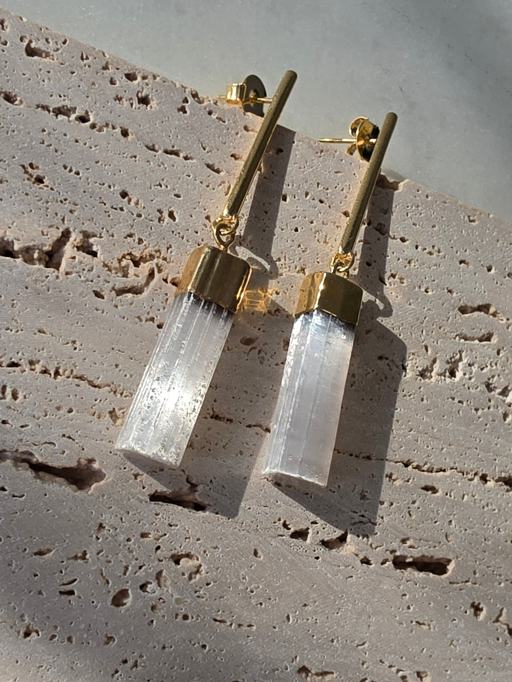 Raw Luxe Selenite drop earrings featuring luminous natural Selenite stones with luxurious 24K gold plating