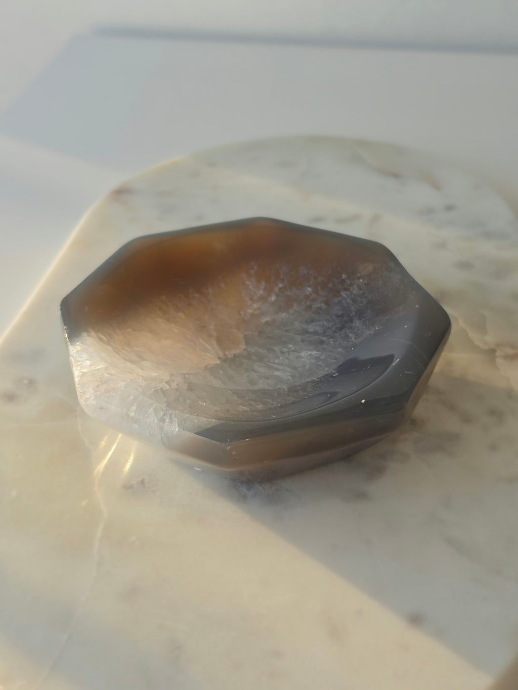 Natural Brazilian Agate bowl with smoky brown, caramel and blush banding, sparkling druzy crystal formations and polished edges
