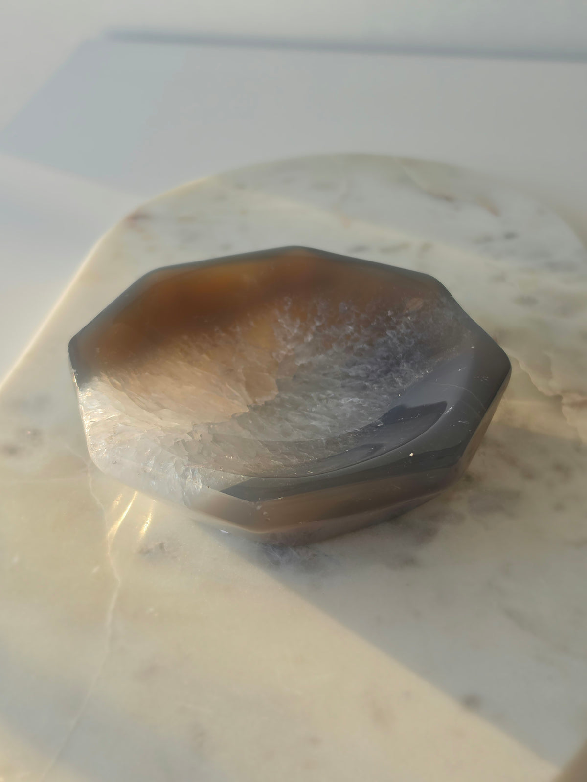Natural Brazilian Agate bowl with smoky brown, caramel and blush banding, sparkling druzy crystal formations and polished edges