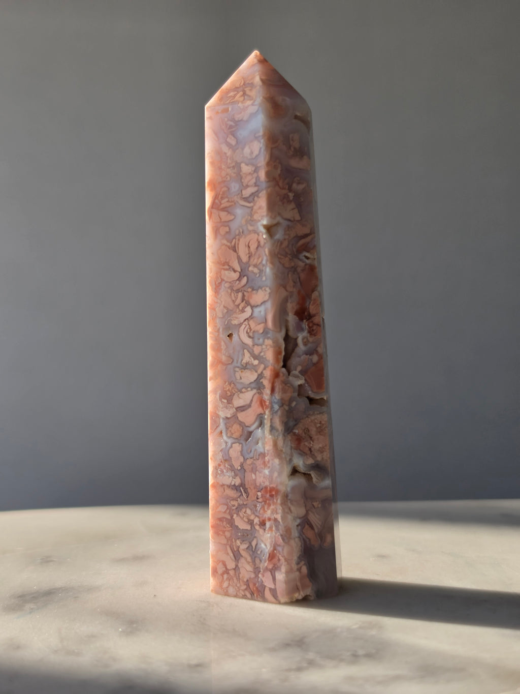 Cotton Candy Agate point with natural pink peach and blue-grey flower-like plume formations