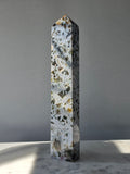 23cm Orbicular Ocean Jasper Tower with unique circular patterns, natural druzy crystal formations and intricate earthy markings