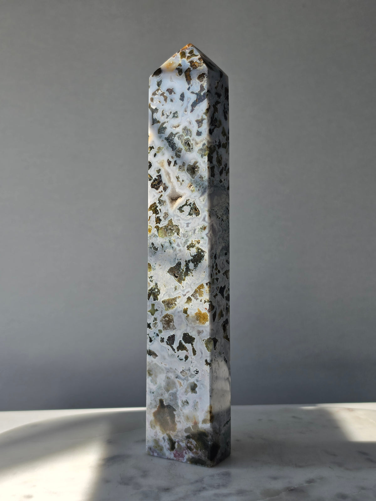 23cm Orbicular Ocean Jasper Tower with unique circular patterns, natural druzy crystal formations and intricate earthy markings