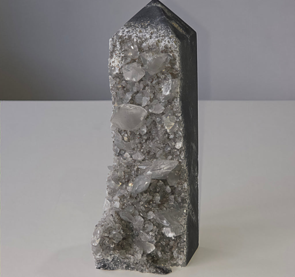 Luxury Sphalerite with Calcite Tower by Stone and Bloom featuring smoky bronze tones and luminous crystal formations, on trend, Statement Peice, Home Styling