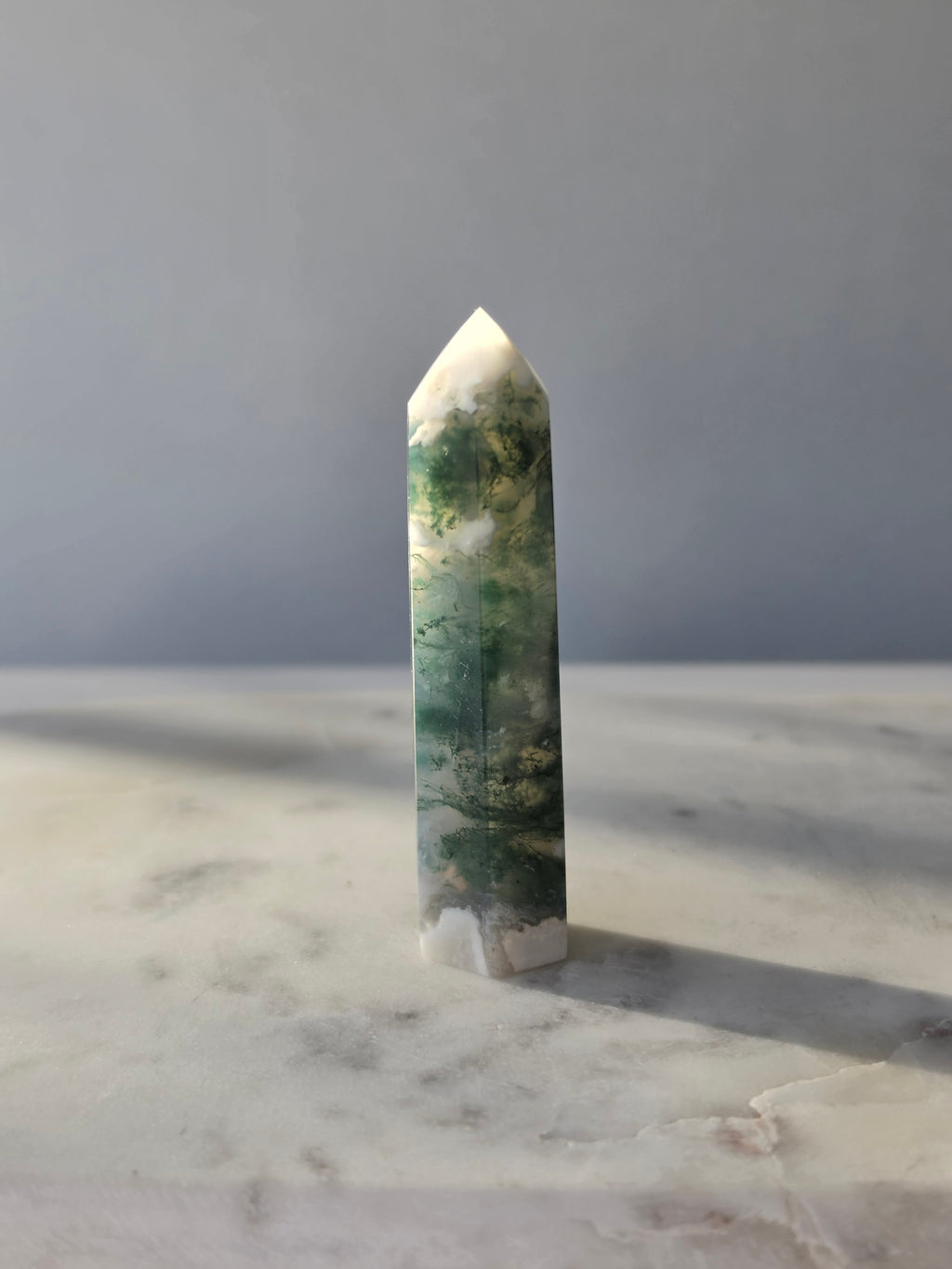 Moss Agate crystal point with translucent milky quartz and intricate forest green botanical inclusions