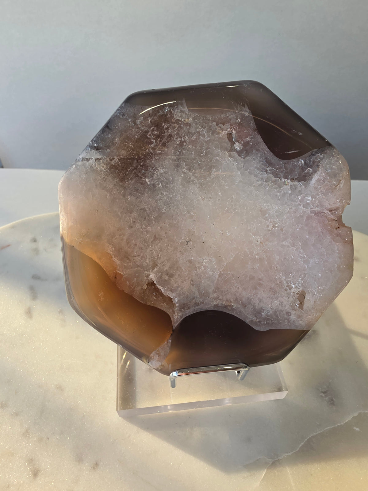 Natural Brazilian Agate bowl with smoky brown, caramel and blush banding, sparkling druzy crystal formations and polished edges