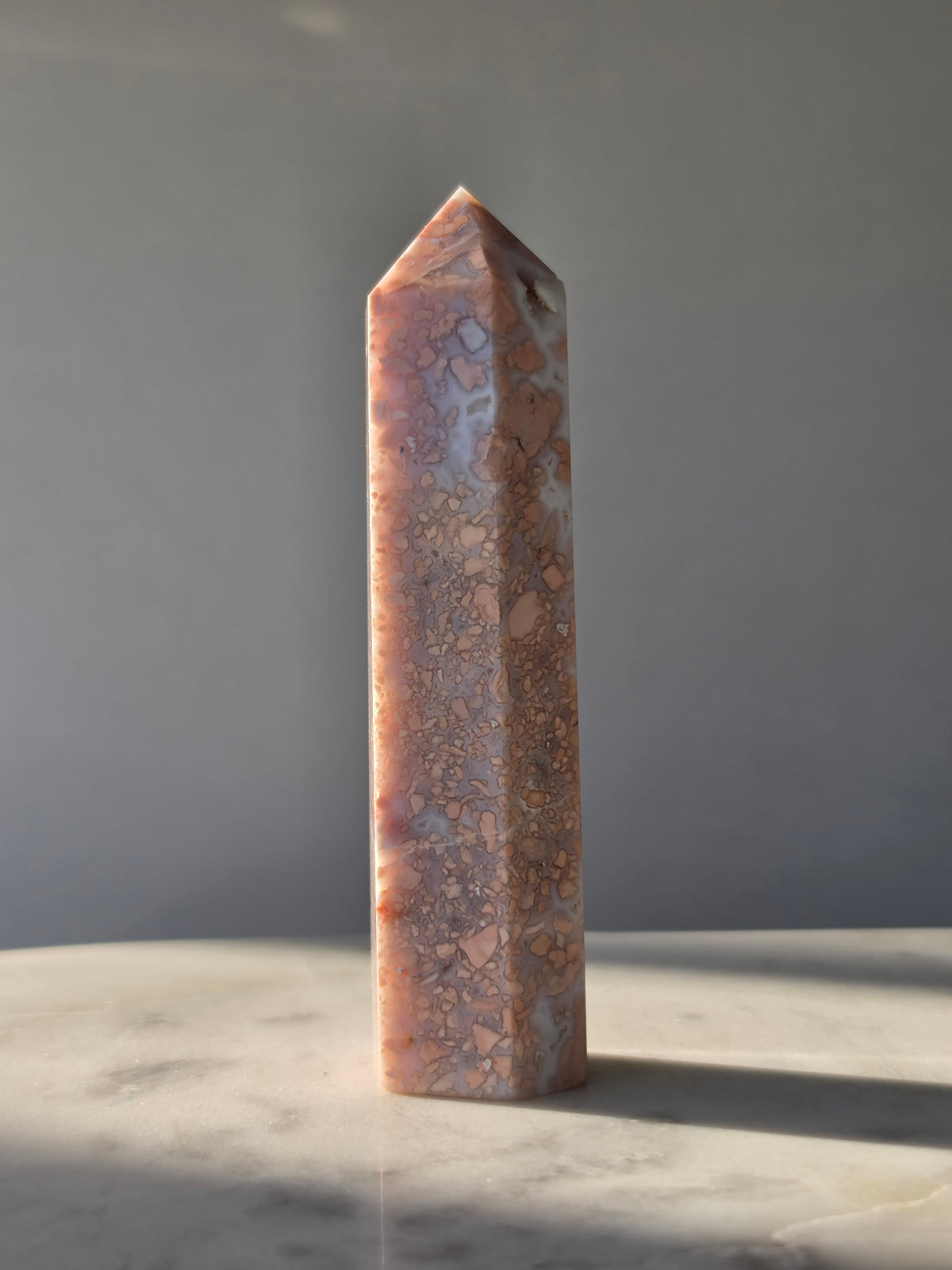 Cotton Candy Agate point with natural pink peach and blue-grey flower-like plume formations
