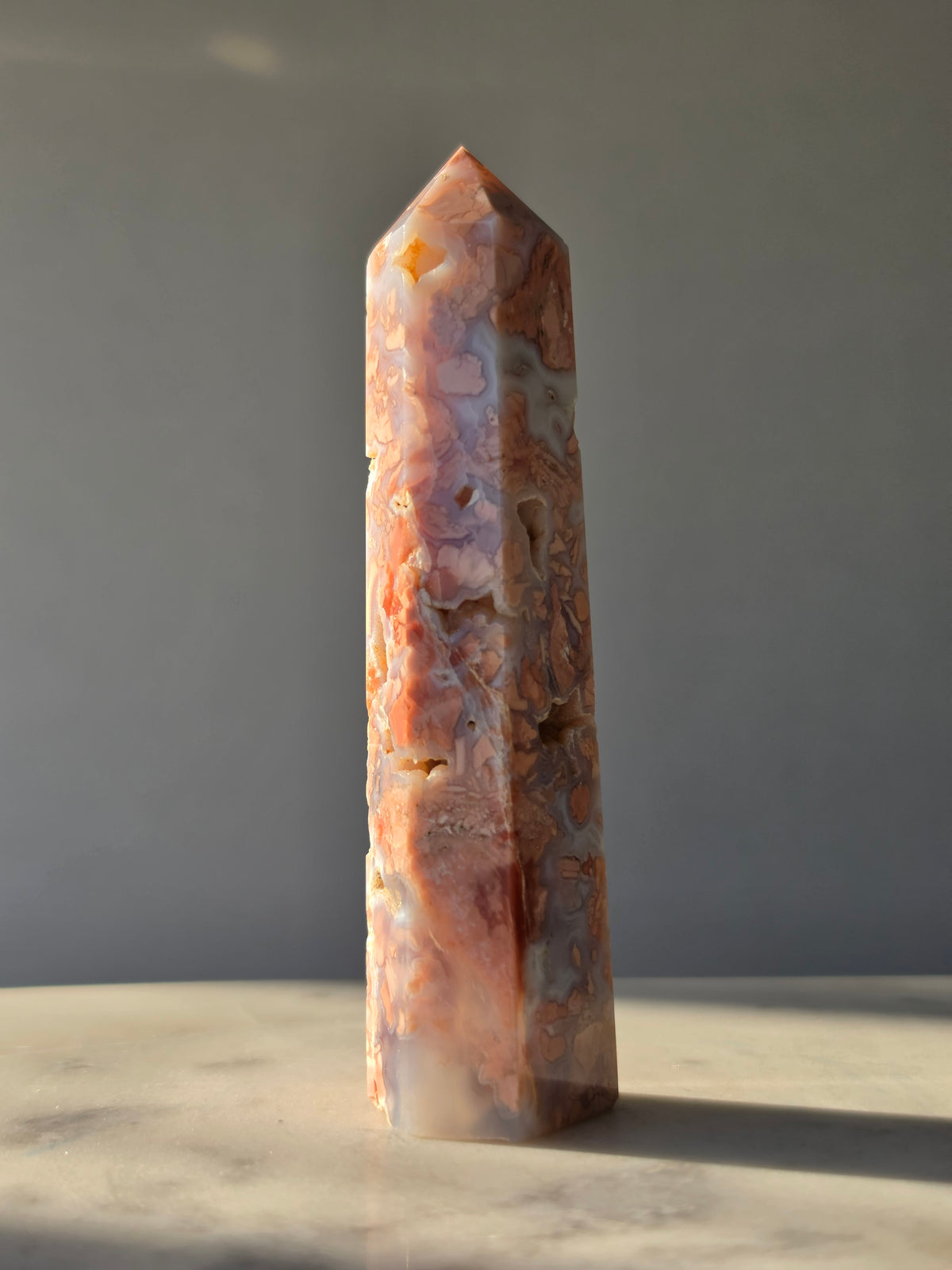 Cotton Candy Agate point with natural pink peach and blue-grey flower-like plume formations