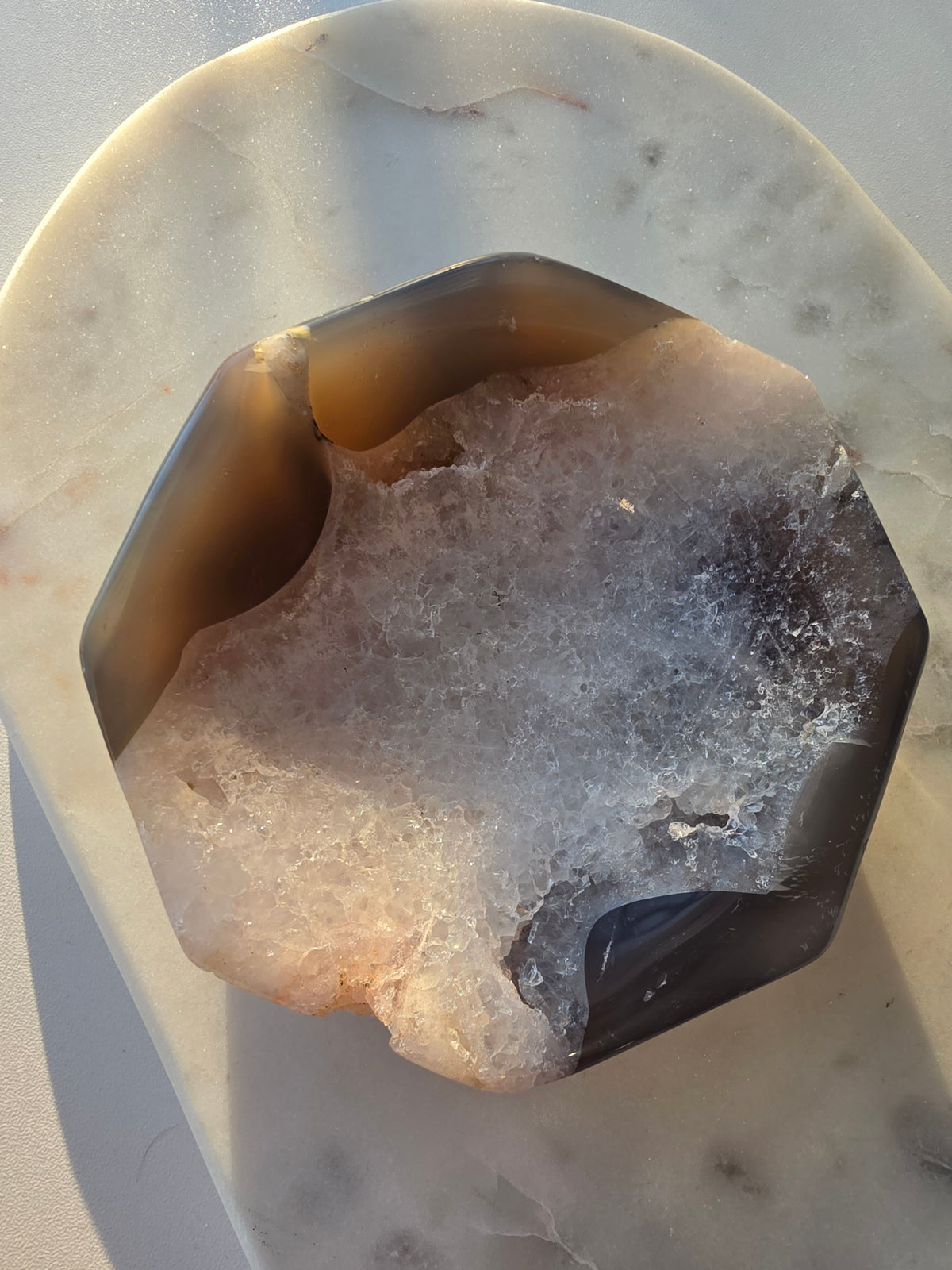 Natural Brazilian Agate bowl with smoky brown, caramel and blush banding, sparkling druzy crystal formations and polished edges