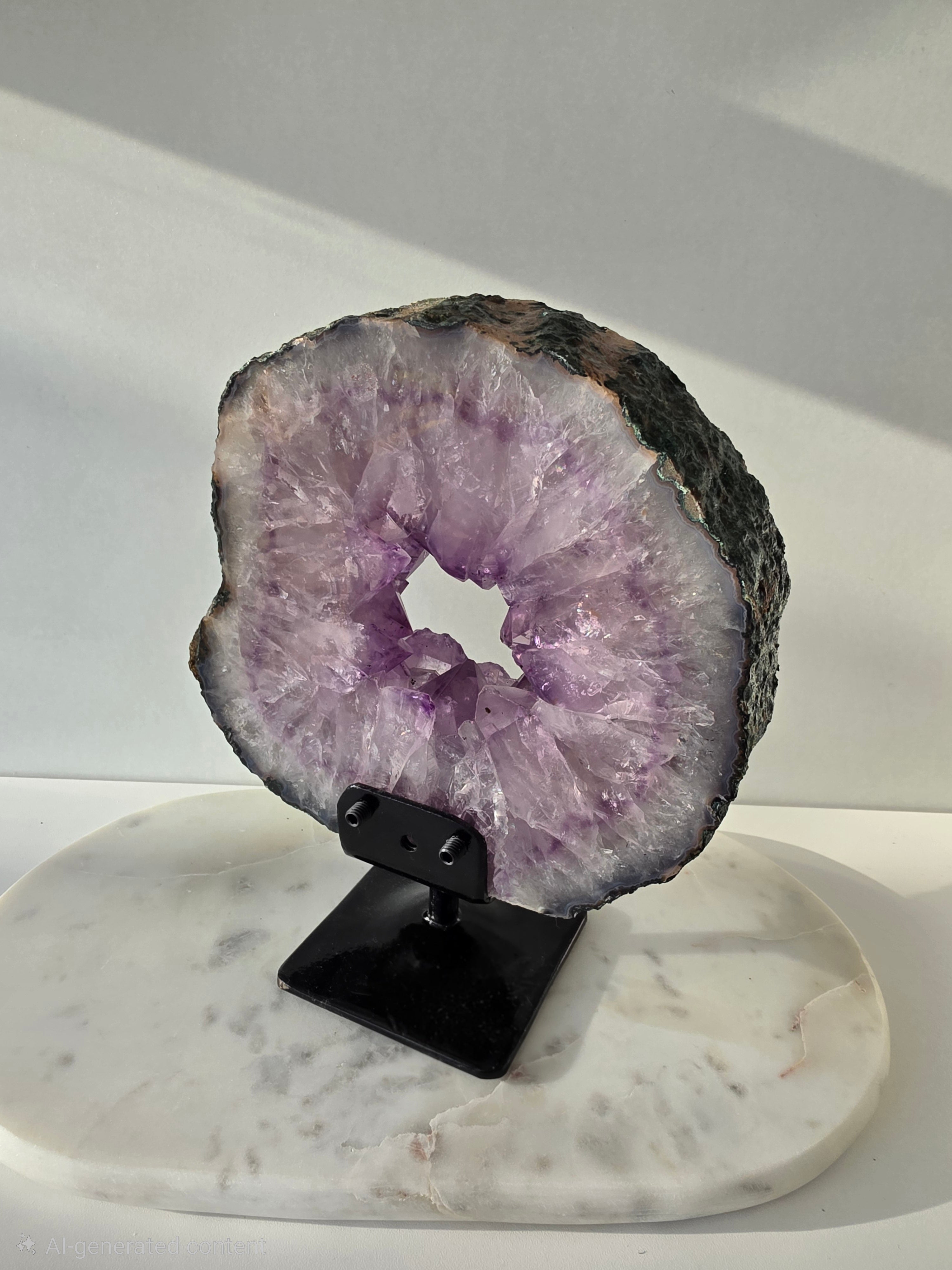 Brazilian Amethyst Portal on stand featuring natural purple quartz crystal druzy, luxury crystal décor, healing crystal display by Stone & Bloom