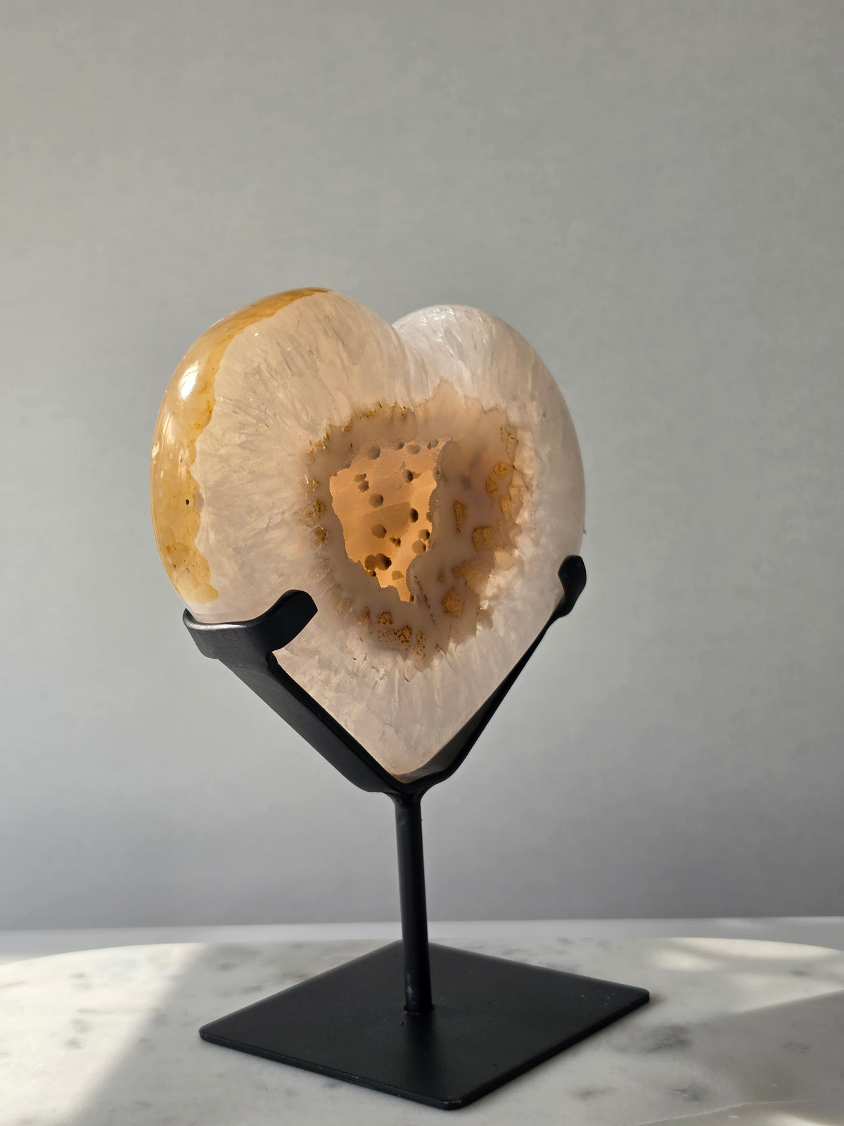 929g Druzy Agate Geode Heart with sparkling druzy crystals, natural Chalcedony eye formations and caramel, beige and ivory agate banding