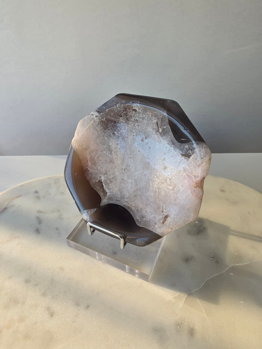 Natural Brazilian Agate bowl with smoky brown, caramel and blush banding, sparkling druzy crystal formations and polished edges