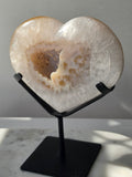 929g Druzy Agate Geode Heart with sparkling druzy crystals, natural Chalcedony eye formations and caramel, beige and ivory agate banding