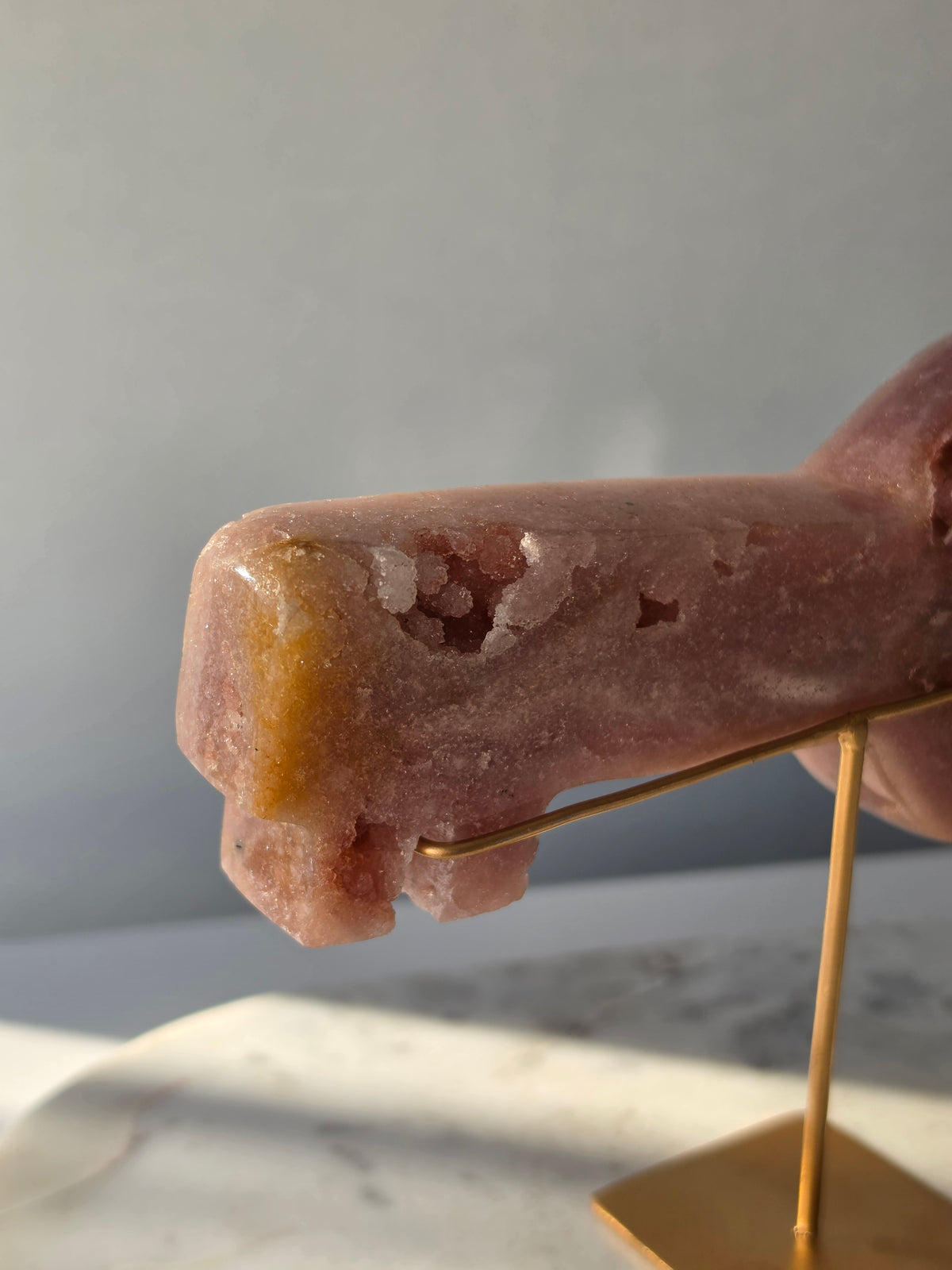 Pink Amethyst Love Heart Key crystal carving with natural sparkling druzy bubble formations, blush pink tones and polished stone details.