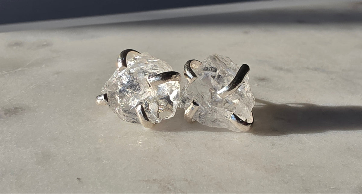 Natural raw Clear Quartz crystal stud earrings in a four-claw silver-plated setting, Raw Luxe Collection