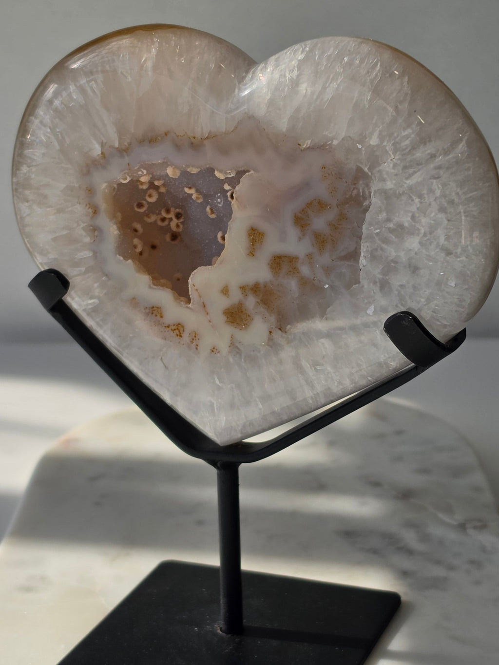929g Druzy Agate Geode Heart with sparkling druzy crystals, natural Chalcedony eye formations and caramel, beige and ivory agate banding