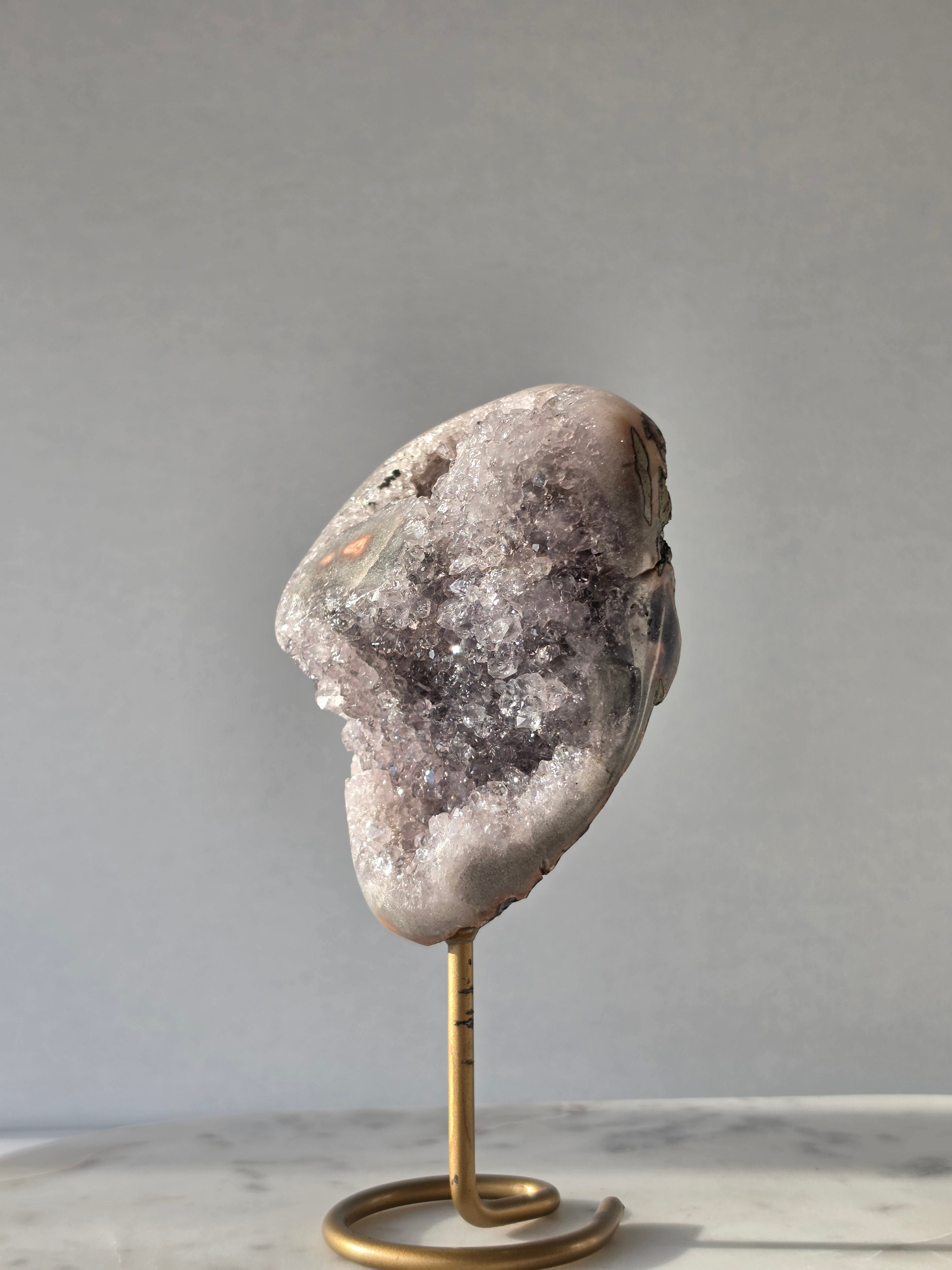 Natural Amethyst Stalactite on Gold Stand with Crystal Clear Points and Sparkling Druzy Quartz