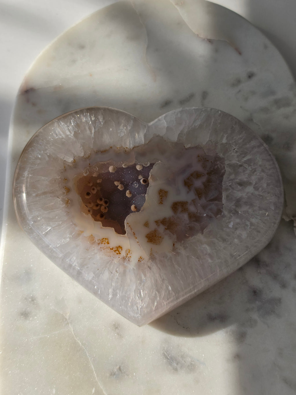 929g Druzy Agate Geode Heart with sparkling druzy crystals, natural Chalcedony eye formations and caramel, beige and ivory agate banding