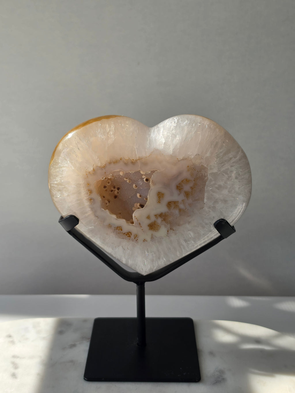 929g Druzy Agate Geode Heart with sparkling druzy crystals, natural Chalcedony eye formations and caramel, beige and ivory agate banding