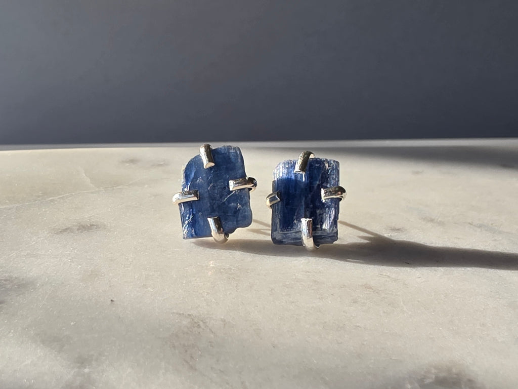 Natural raw Blue Kyanite crystal stud earrings in a four-claw silver setting, Raw Luxe Collection