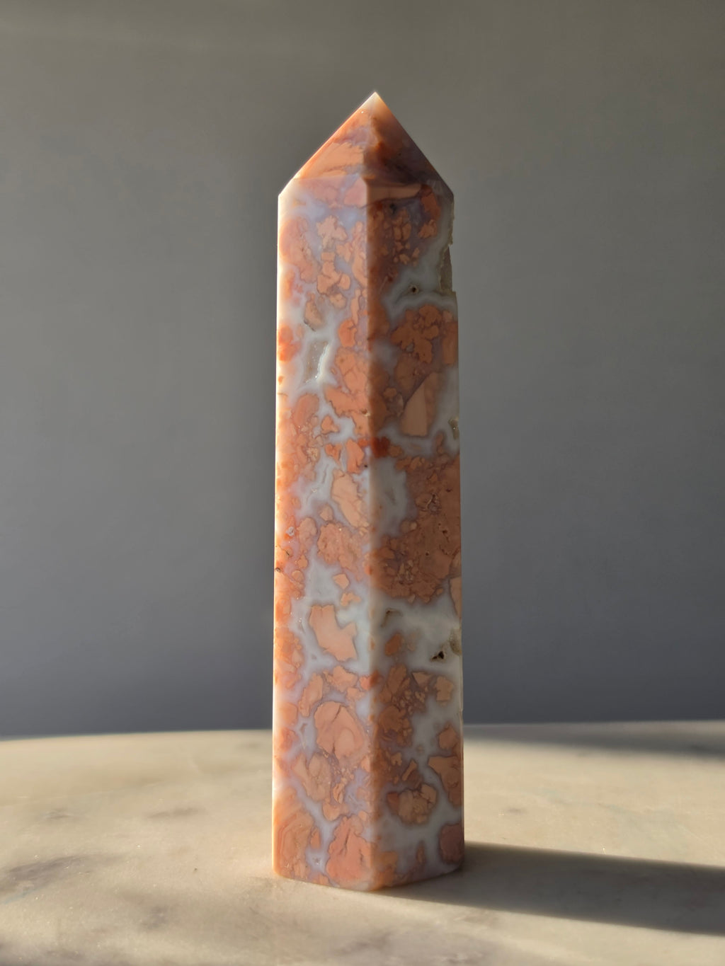 Cotton Candy Agate point with natural pink peach and blue-grey flower-like plume formations