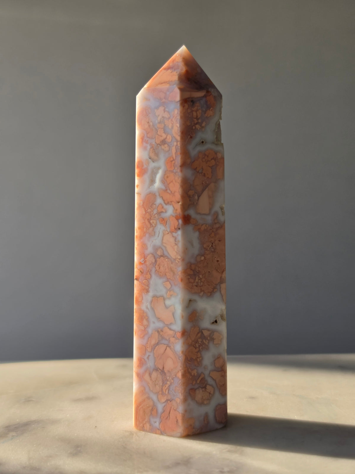 Cotton Candy Agate point with natural pink peach and blue-grey flower-like plume formations