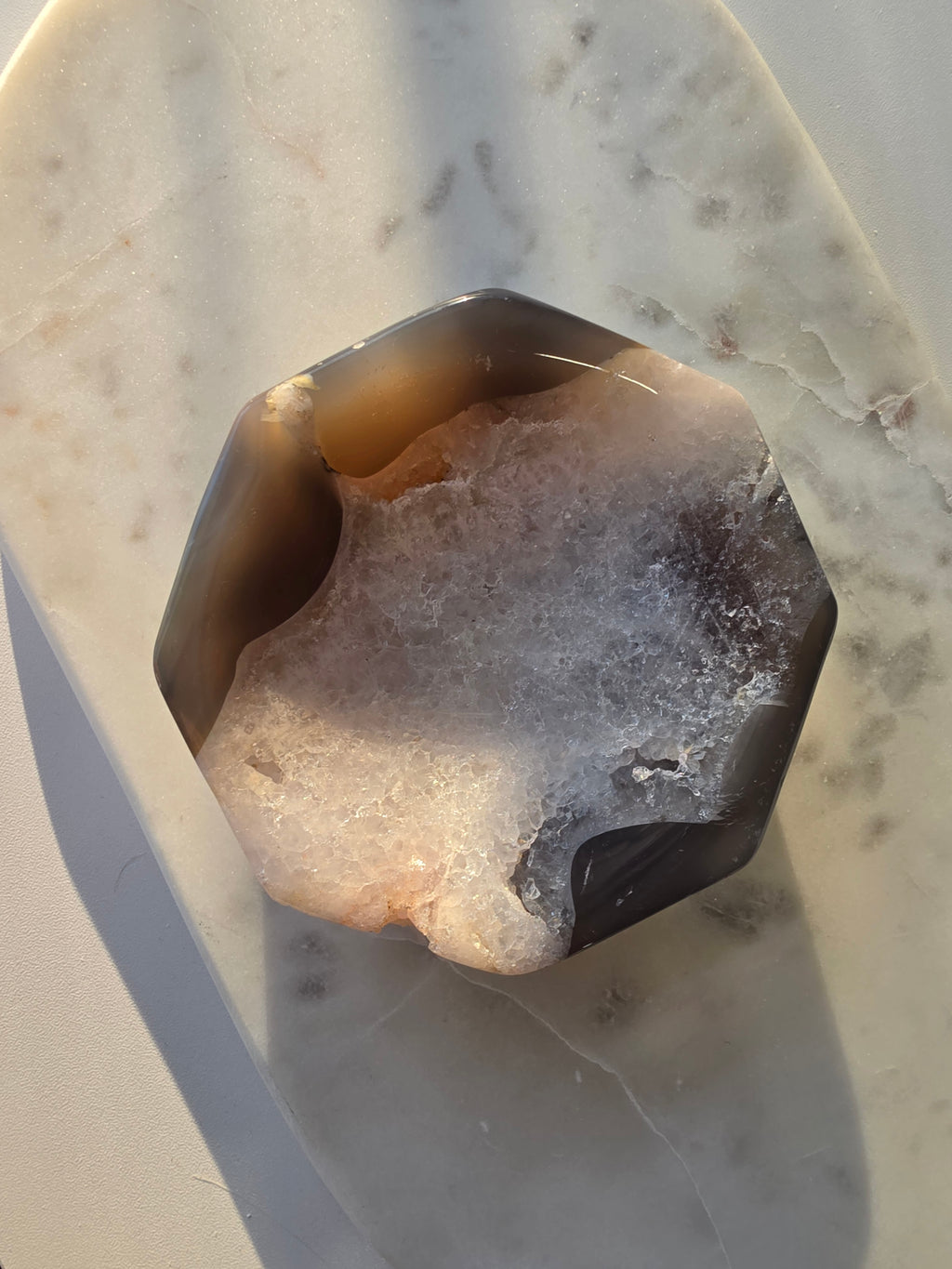 Natural Brazilian Agate bowl with smoky brown, caramel and blush banding, sparkling druzy crystal formations and polished edges