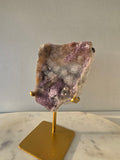 Luxury Brazilian Zeolite Amethyst Flower on matte gold stand with sparkling lavender druzy Amethyst crystals, premium natural statement crystal for elegant home décor by Stone & Bloom.