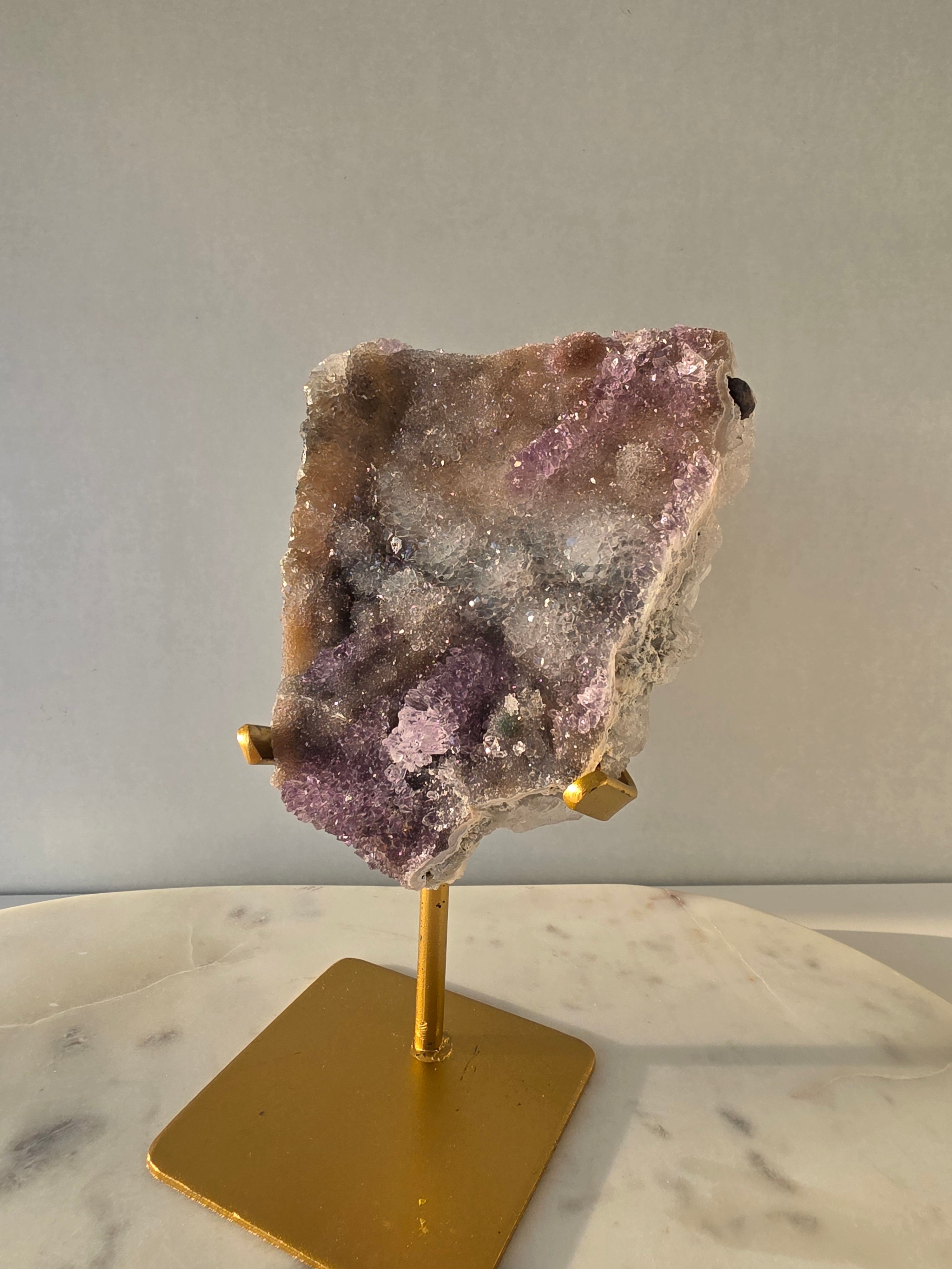 Luxury Brazilian Zeolite Amethyst Flower on matte gold stand with sparkling lavender druzy Amethyst crystals, premium natural statement crystal for elegant home décor by Stone & Bloom.