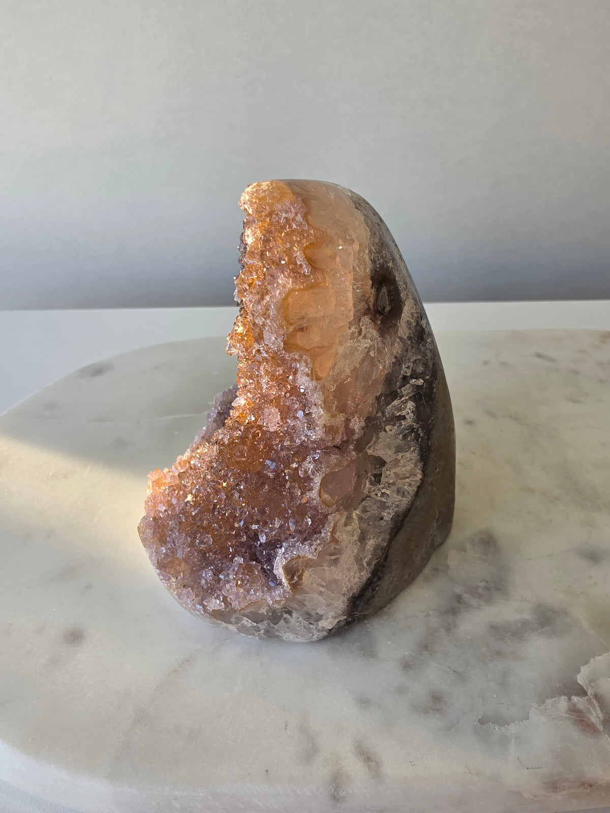 Druzy Golden Amethyst cut base from Uruguay with intensely sparkling crystal druzy surface and warm golden lilac and pink tones 482g 10cm