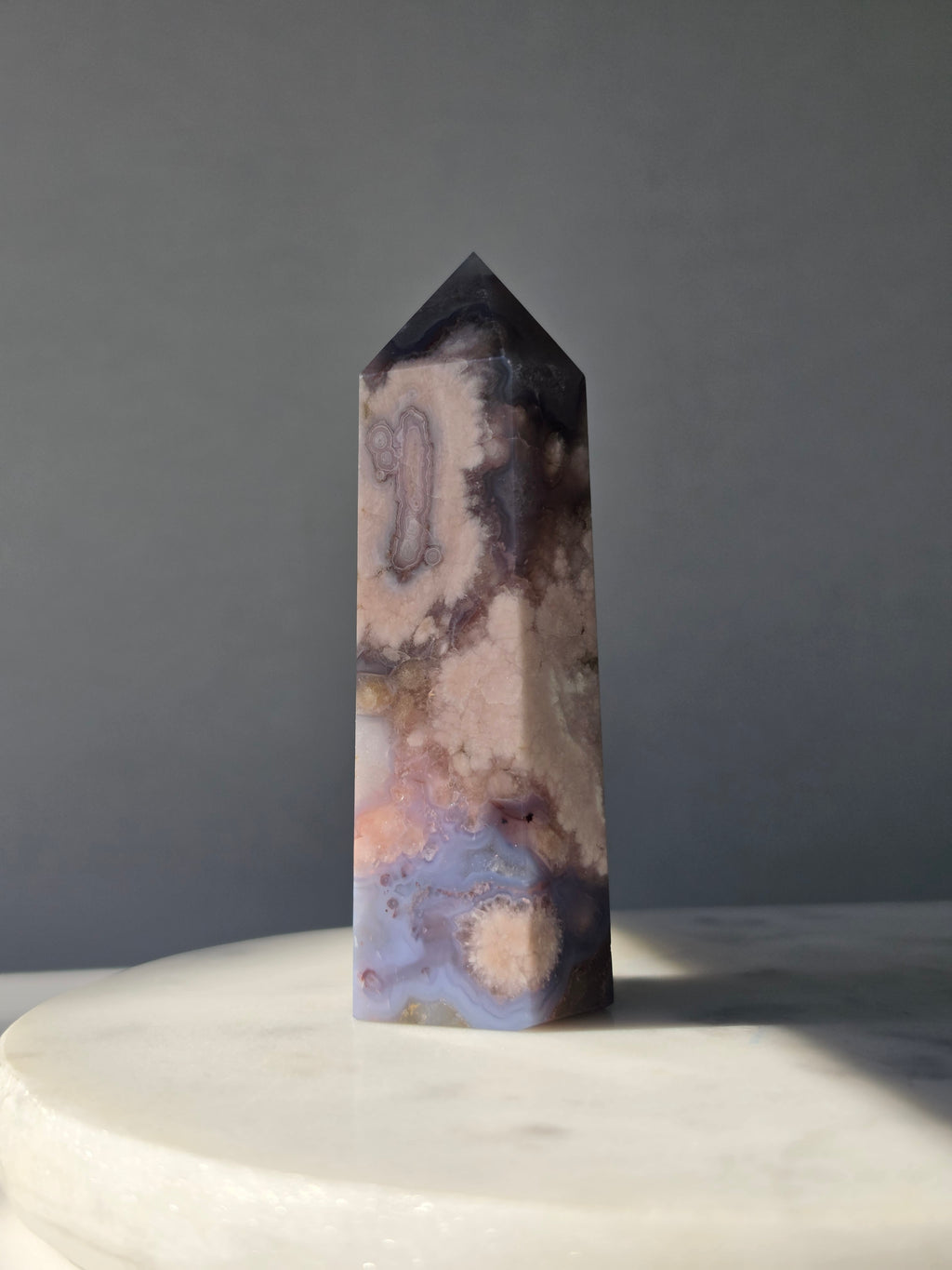 Blue Flower Agate crystal point with soft blue, lavender and cream tones and natural flower-like plume inclusions