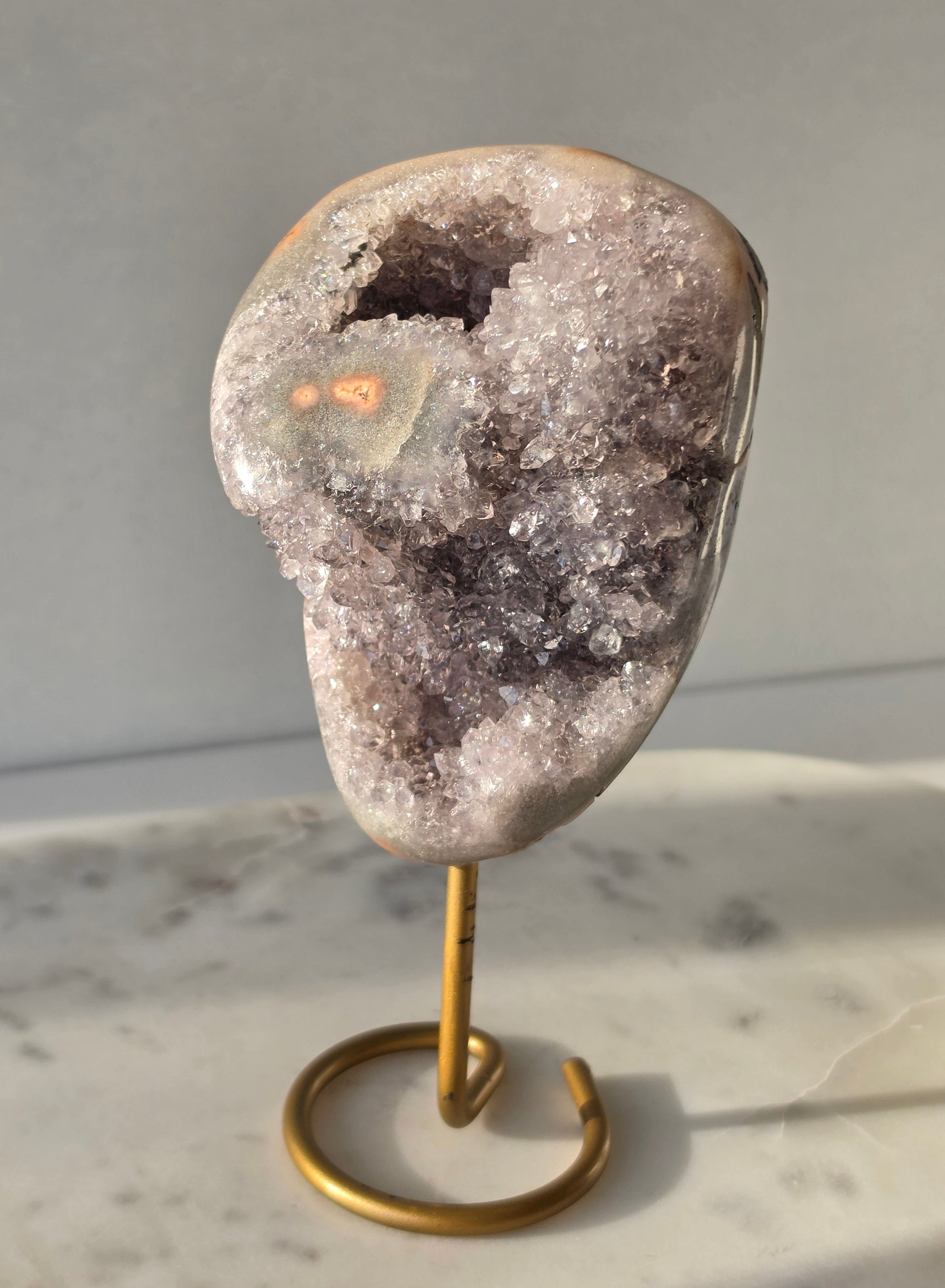 Natural Amethyst Stalactite on Gold Stand with Crystal Clear Points and Sparkling Druzy Quartz