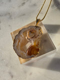 "Brazilian Agate Geode Slice Pendant in natural [brown/black/grey] tones 24K gold plated with sparkling druzy crystal formations"