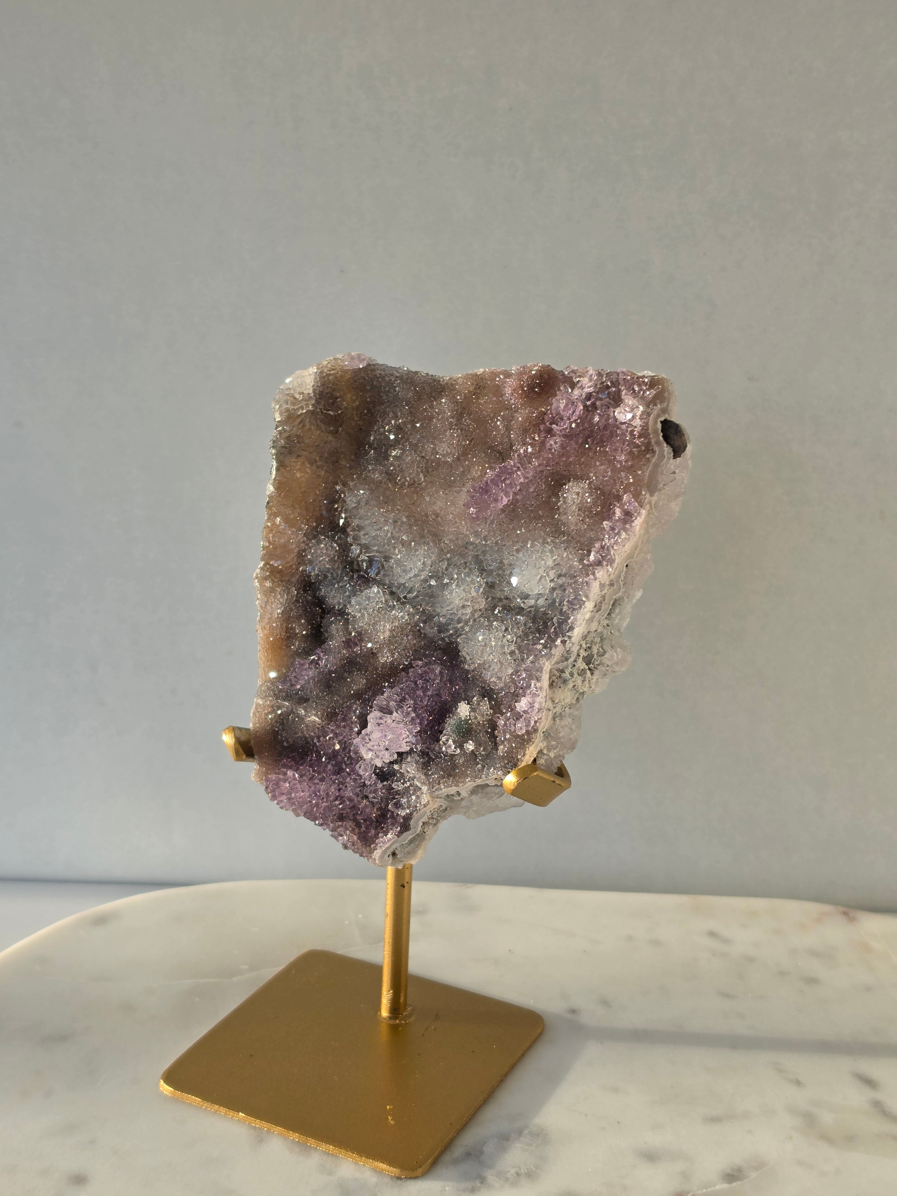 Luxury Brazilian Zeolite Amethyst Flower on matte gold stand with sparkling lavender druzy Amethyst crystals, premium natural statement crystal for elegant home décor by Stone & Bloom.