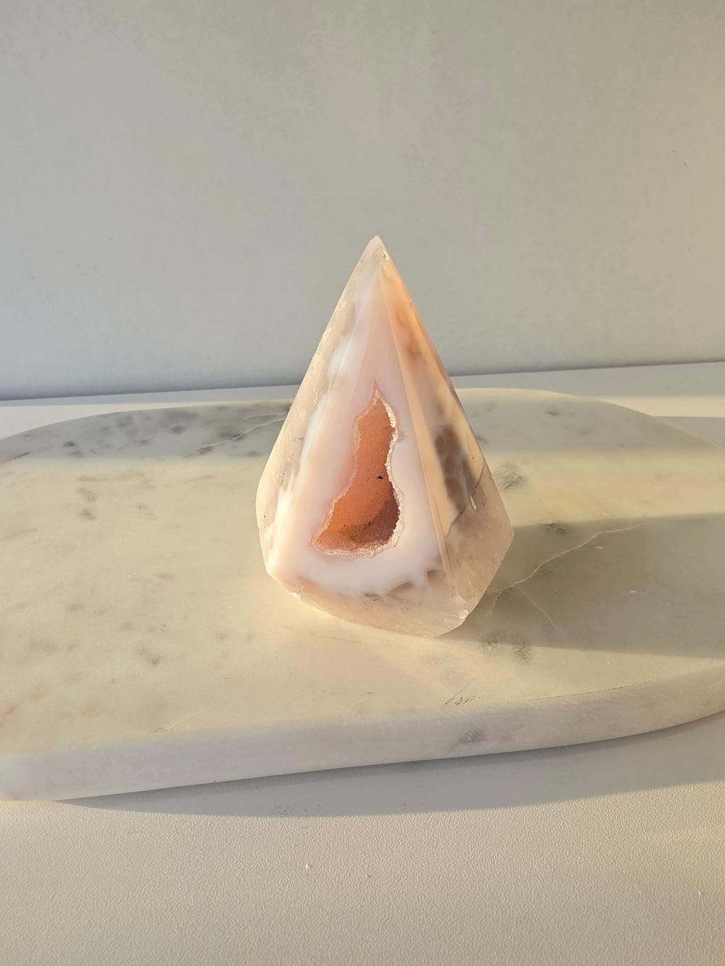 Natural Brazilian blush Agate Diamond with sparkling sugar druzy crystal formation, polished luxury agate statement piece with translucent pink tones by Stone & Bloom