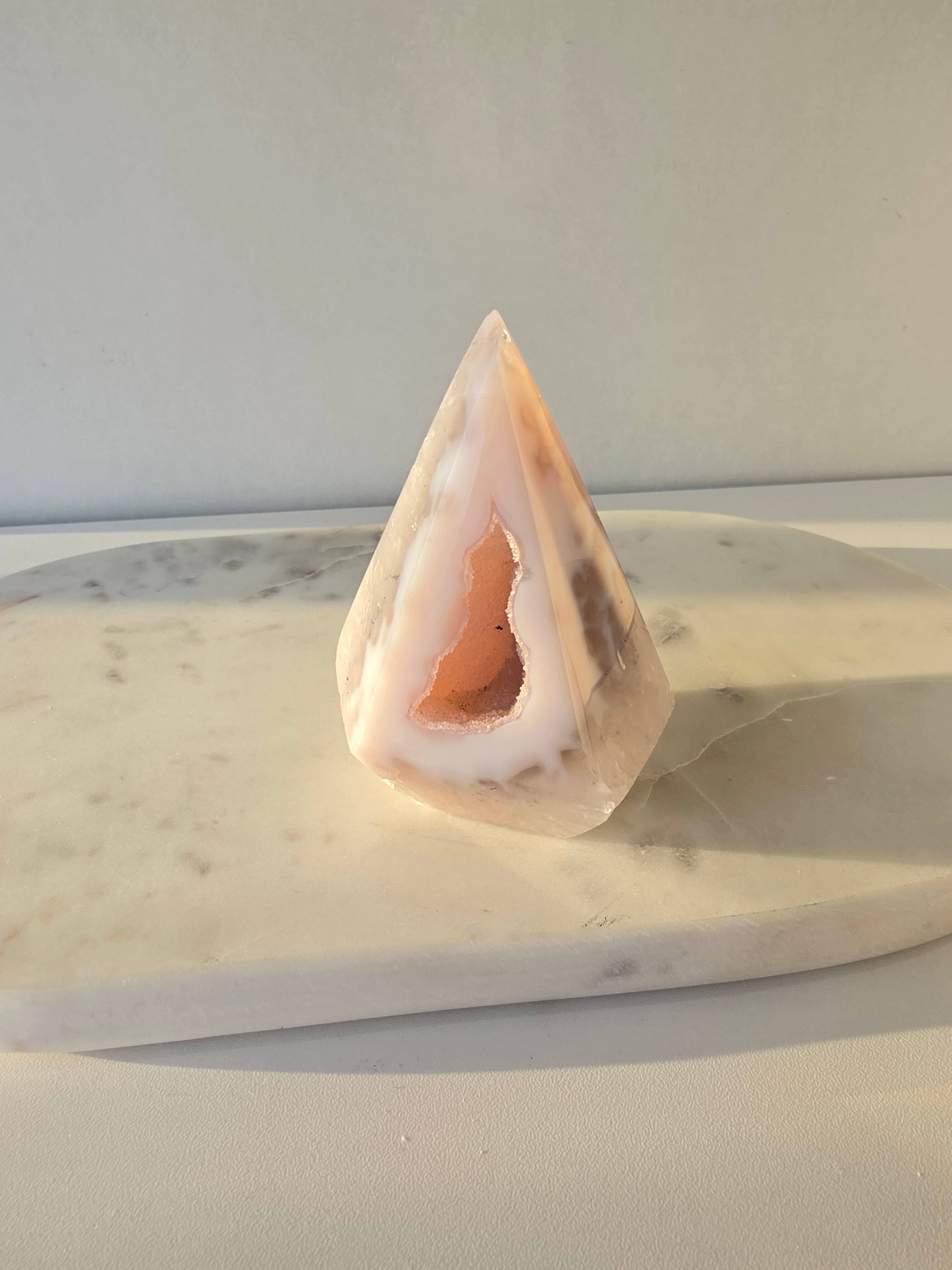 Natural Brazilian blush Agate Diamond with sparkling sugar druzy crystal formation, polished luxury agate statement piece with translucent pink tones by Stone & Bloom