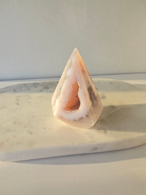 Natural Brazilian blush Agate Diamond with sparkling sugar druzy crystal formation, polished luxury agate statement piece with translucent pink tones by Stone & Bloom