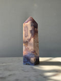 Blue Flower Agate crystal point with soft blue, lavender and cream tones and natural flower-like plume inclusions