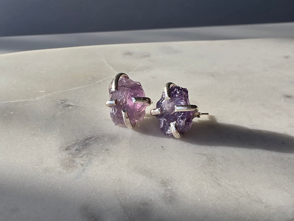 Natural raw Amethyst crystal stud earrings in a four-claw silver setting, Raw Luxe Collection