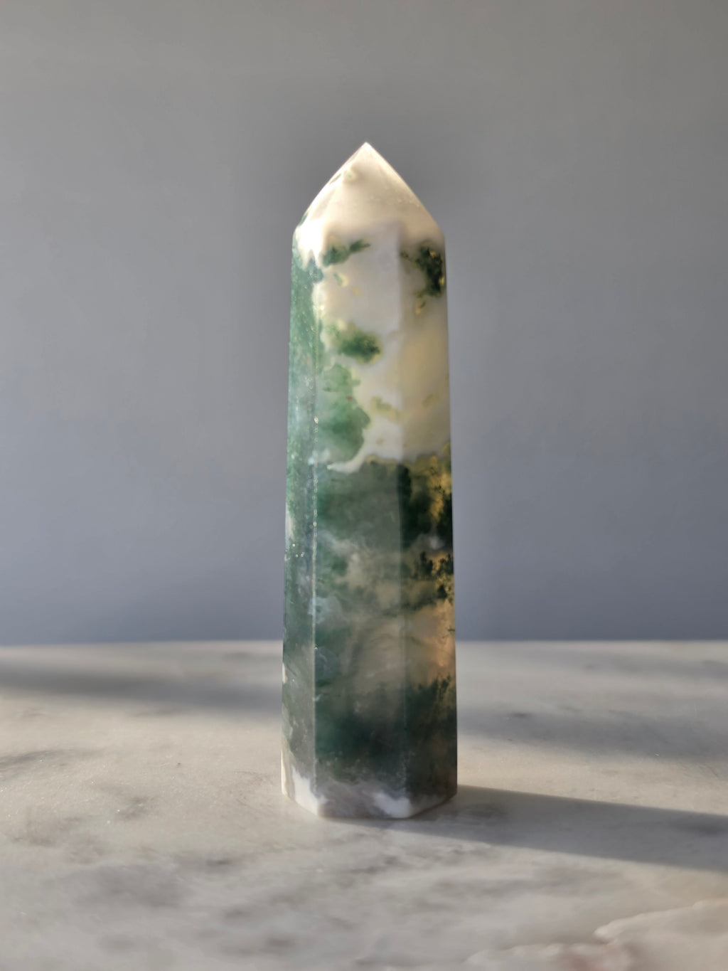 Moss Agate crystal point with translucent milky quartz and intricate forest green botanical inclusions