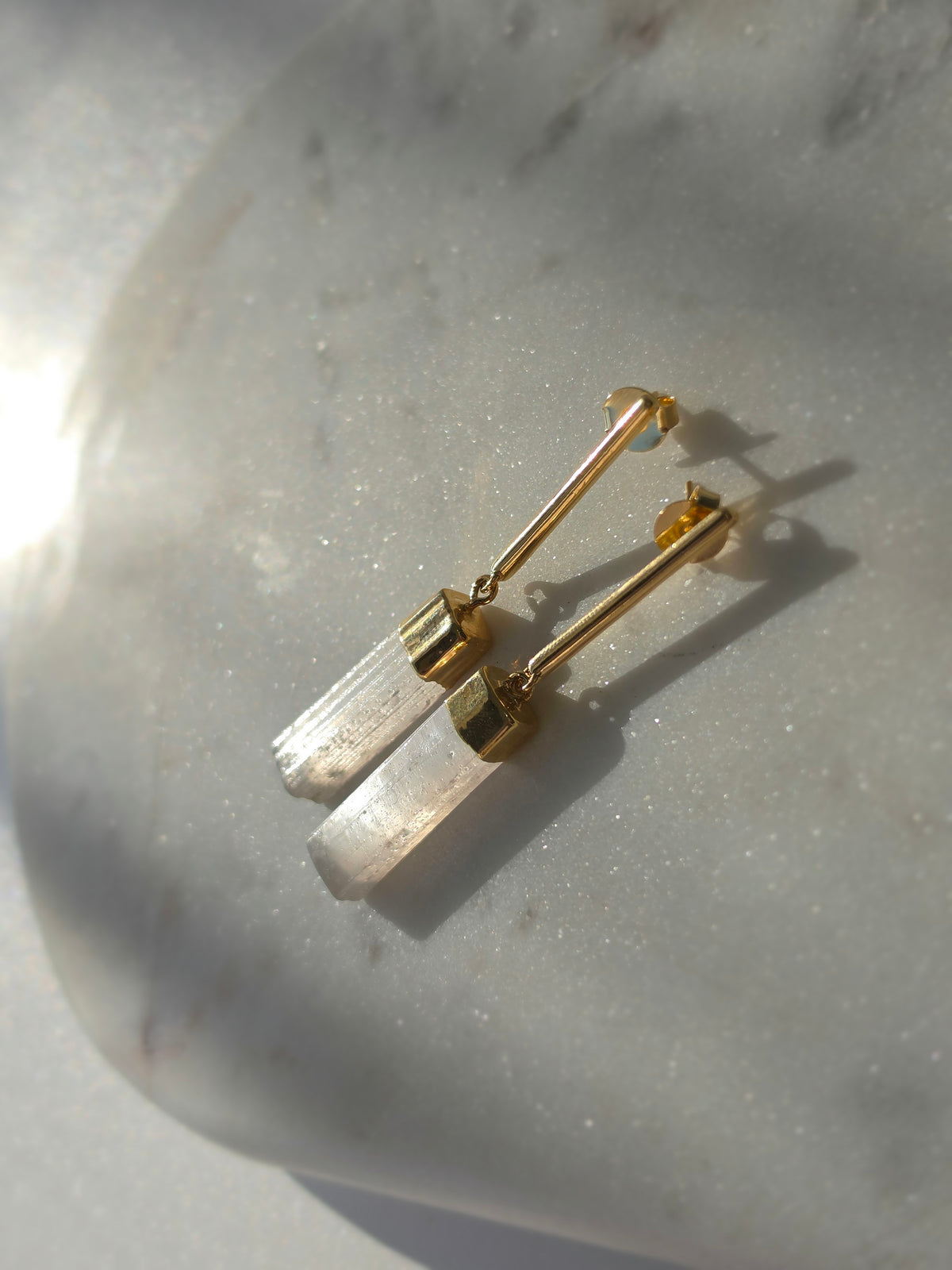 Raw Luxe Selenite drop earrings featuring luminous natural Selenite stones with luxurious 24K gold plating