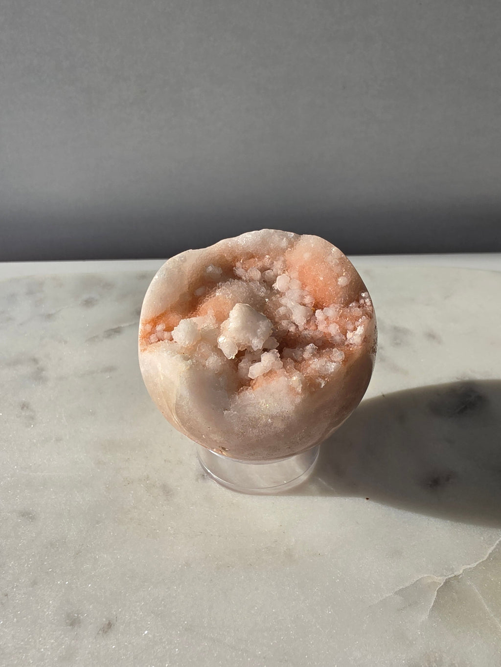 Pink Amethyst sphere from Brazil in soft blush pink tones with sparkling druzy crystals and natural bubble formations, Stone & Bloom