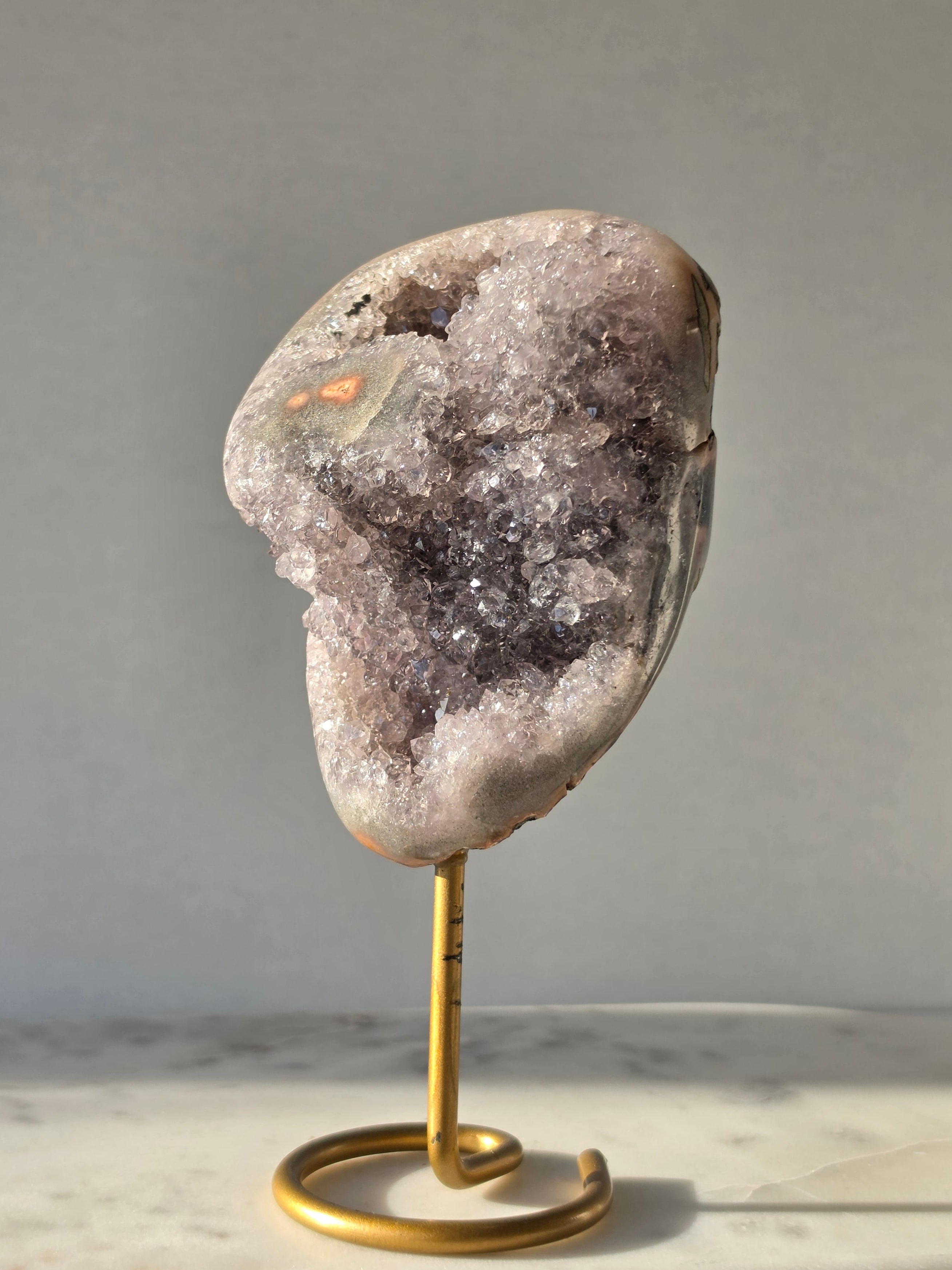 Natural Amethyst Stalactite on Gold Stand with Crystal Clear Points and Sparkling Druzy Quartz