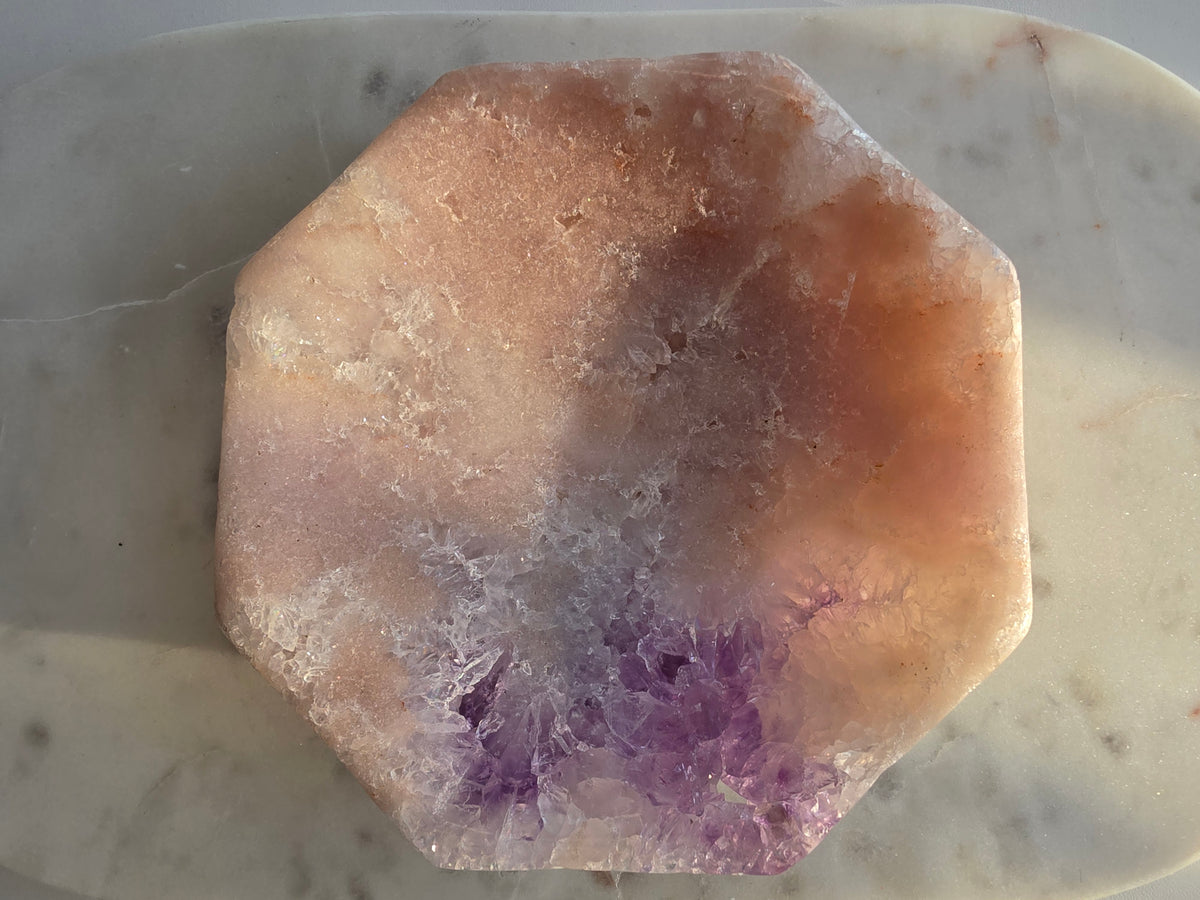 Brazilian Pink Amethyst bowl with sparkling purple druzy crystal formation, soft blush pink tones and natural lavender crystals