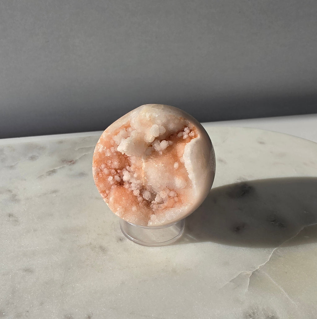 Pink Amethyst sphere from Brazil in soft blush pink tones with sparkling druzy crystals and natural bubble formations, Stone & Bloom