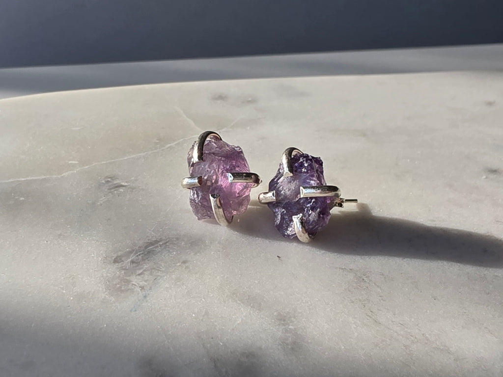 Natural raw Amethyst crystal stud earrings in a four-claw silver setting, Raw Luxe Collection