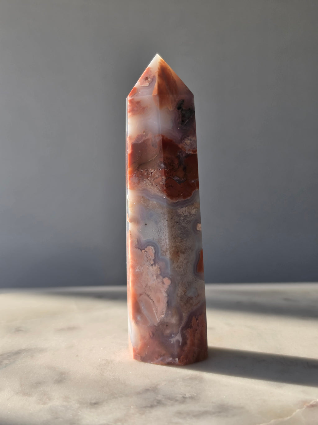 Cotton Candy Agate point with natural pink peach and blue-grey flower-like plume formations