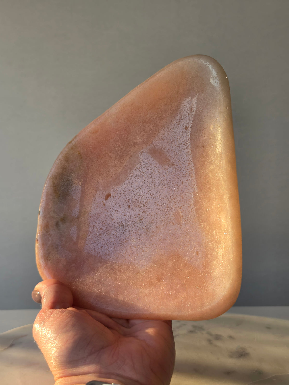 Brazilian Pink Amethyst bowl with sparkling crystal formation, soft blush pink tones 