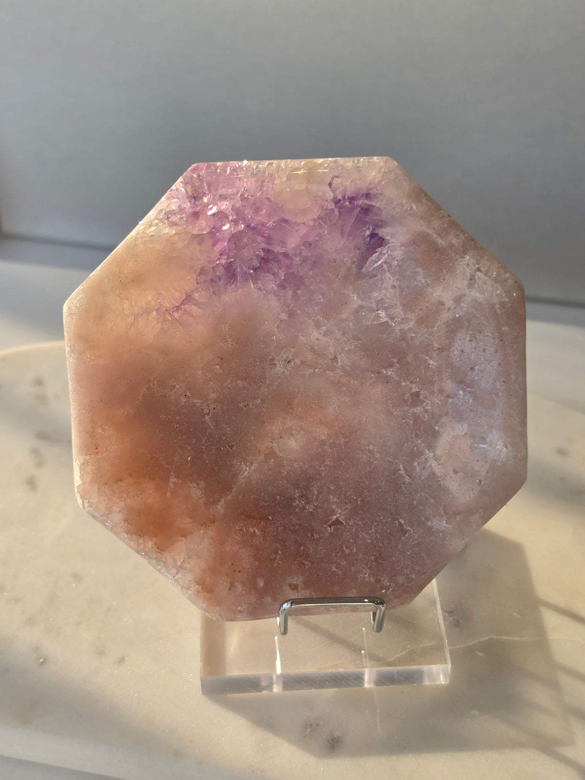 Brazilian Pink Amethyst bowl with sparkling purple druzy crystal formation, soft blush pink tones and natural lavender crystals