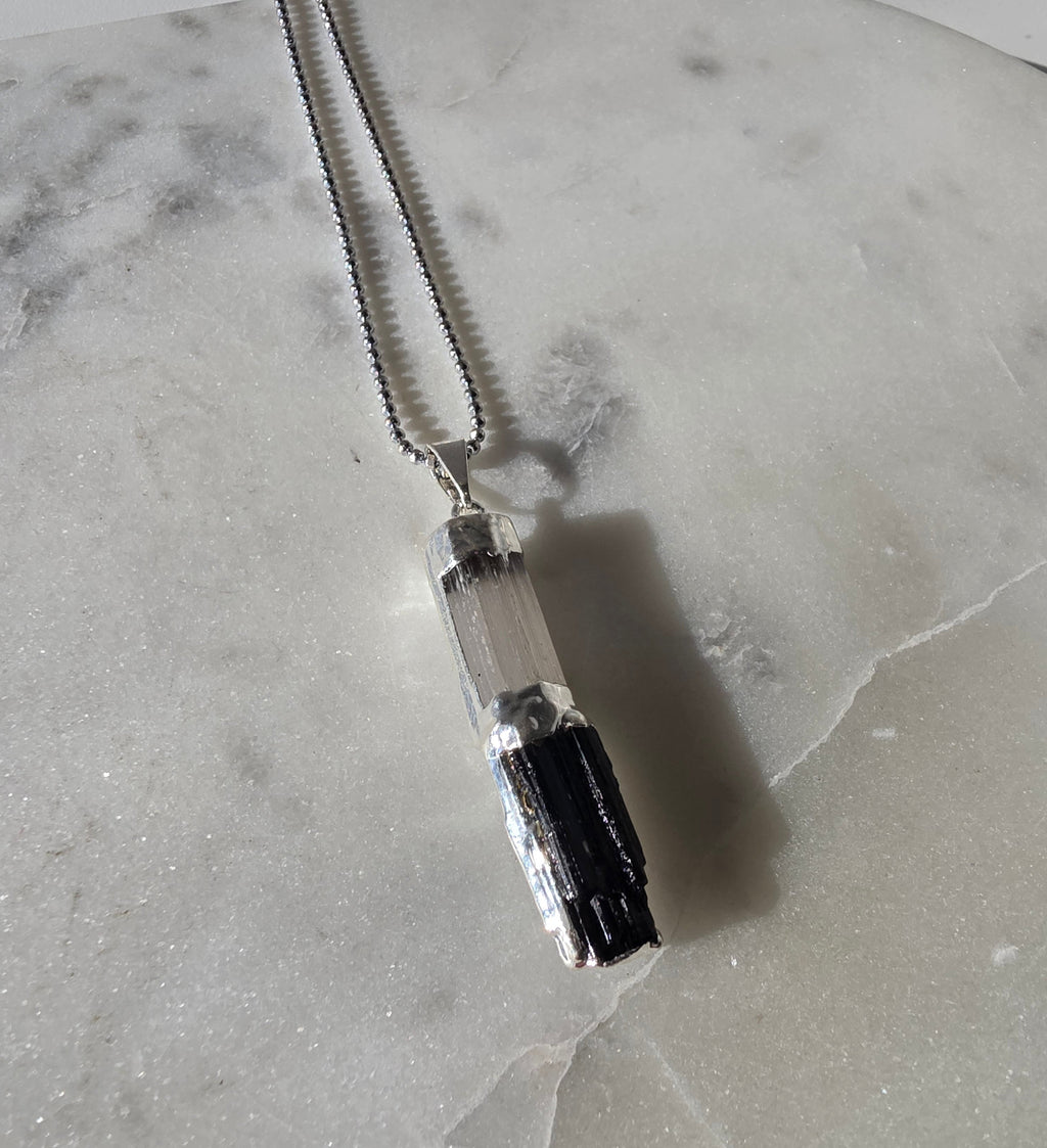 Natural Selenite and Black Tourmaline crystal pendant in a refined Premium Silver Plated setting, Stone & Bloom Raw Luxe Collection
