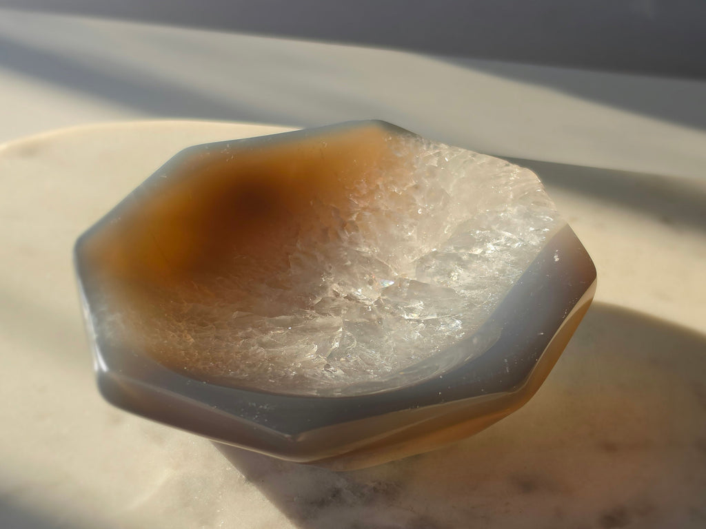 Natural Brazilian Agate bowl with smoky brown, caramel and blush banding, sparkling druzy crystal formations and polished edges